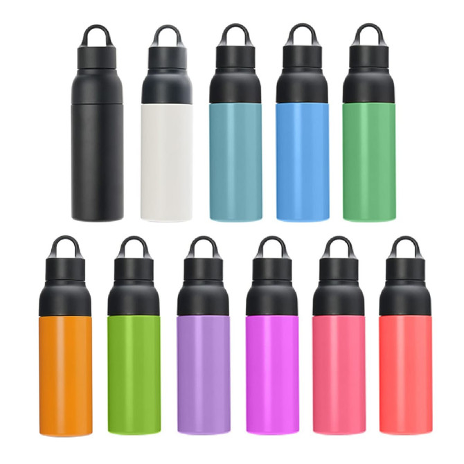 A drink bottle collection featuring black, white, blue, green, orange, purple, pink, and various other colours, with a logo.