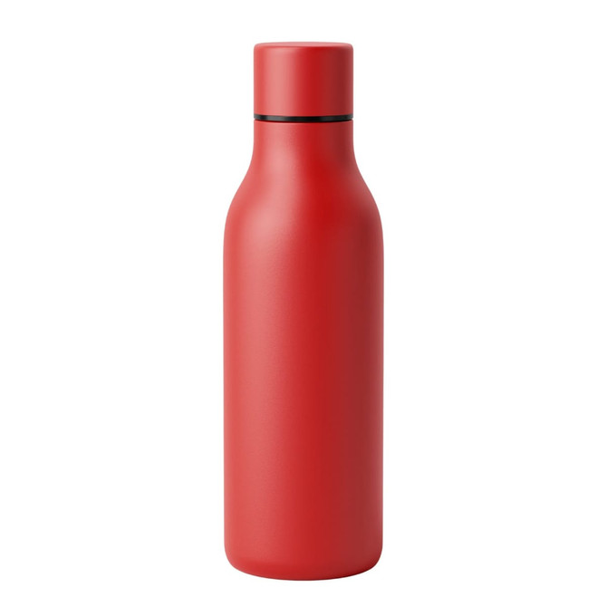 A drink bottle in vibrant red, featuring a sleek design and a black band around the neck. It has a logo on the side.