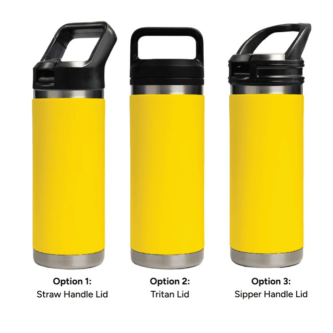 A drink bottle in yellow with three lid options: straw handle, Tritan lid, and sipper handle. It includes a logo.