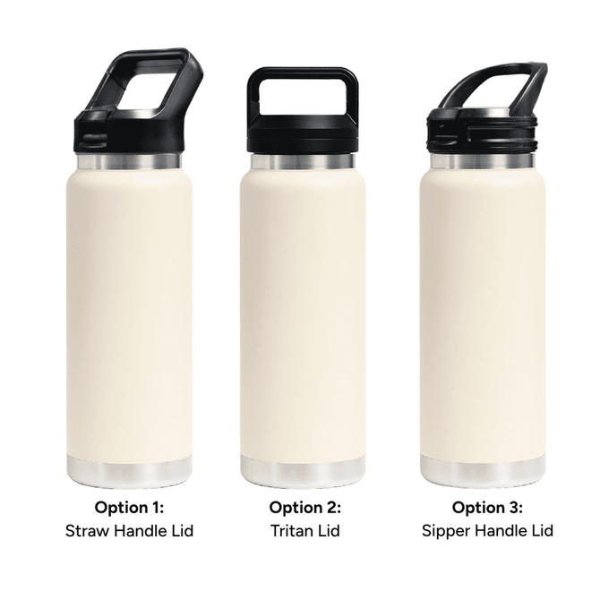A drink bottle in cream colour featuring three lid options: Straw Handle Lid, Tritan Lid, and Sipper Handle Lid.