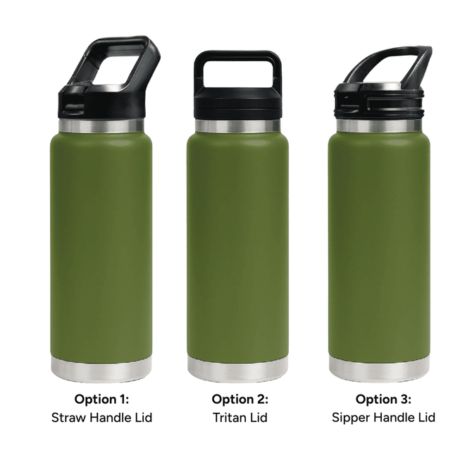A drink bottle in olive green, featuring three lid options: Straw Handle, Tritan, and Sipper Handle.