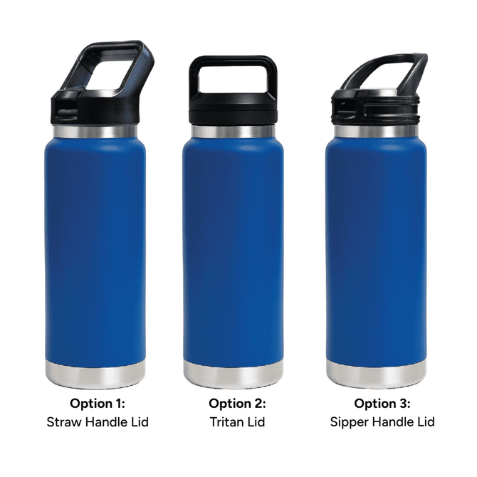 A drink bottle trio featuring a blue vacuum bottle with three different lid options: straw handle, Tritan, and sipper handle.