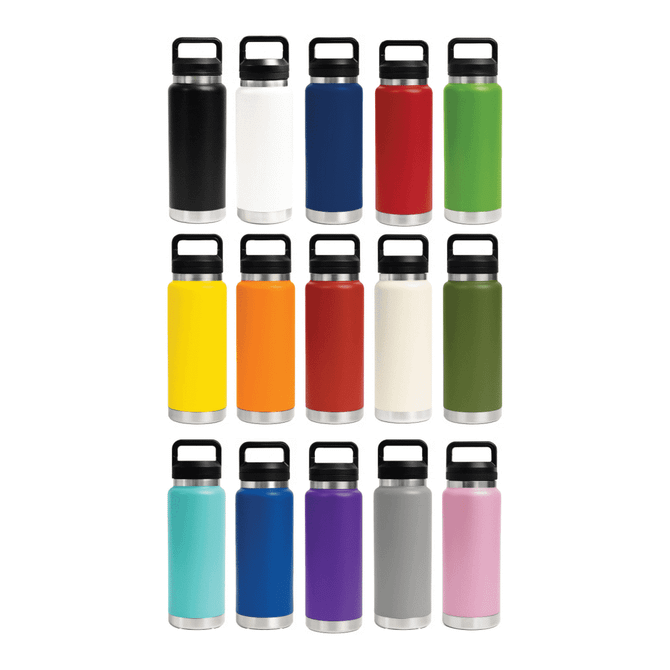 A drink bottle collection in various colours, featuring a stainless steel base and three different lid options.