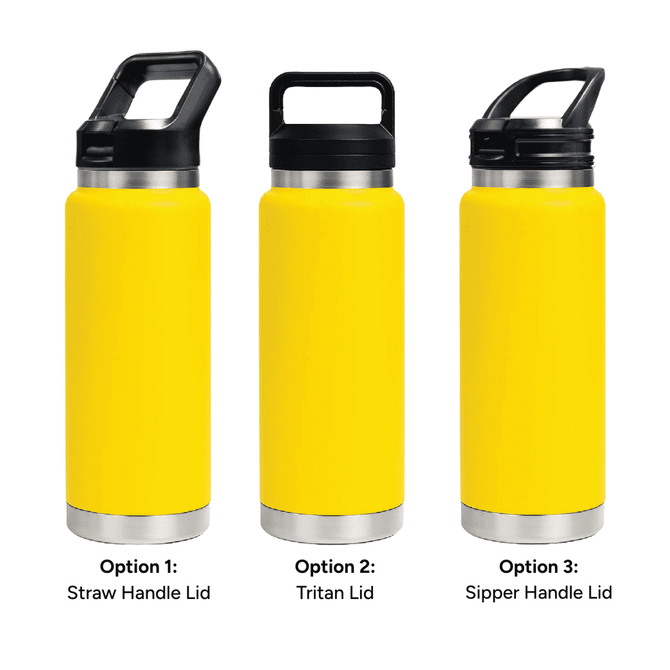 A drink bottle in vibrant yellow, featuring three lid options: Straw Handle Lid, Tritan Lid, and Sipper Handle Lid.