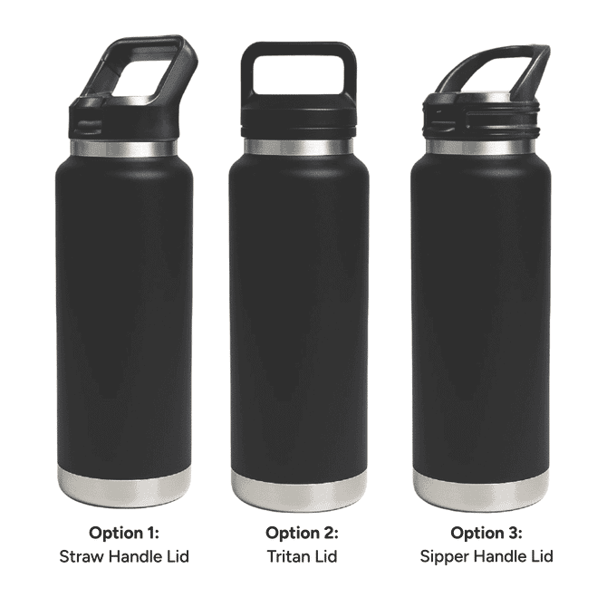 A drink bottle in black featuring three lid options: Straw Handle Lid, Tritan Lid, and Sipper Handle Lid.