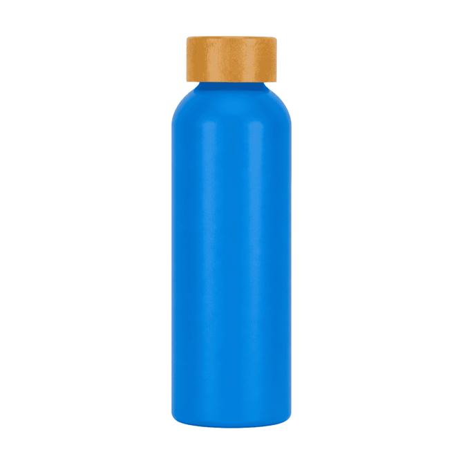 A drink bottle in bright blue with a golden cap, featuring a logo on its surface.