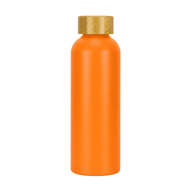 A drink bottle in bright orange with a gold lid, featuring a logo. Made from recycled aluminium.