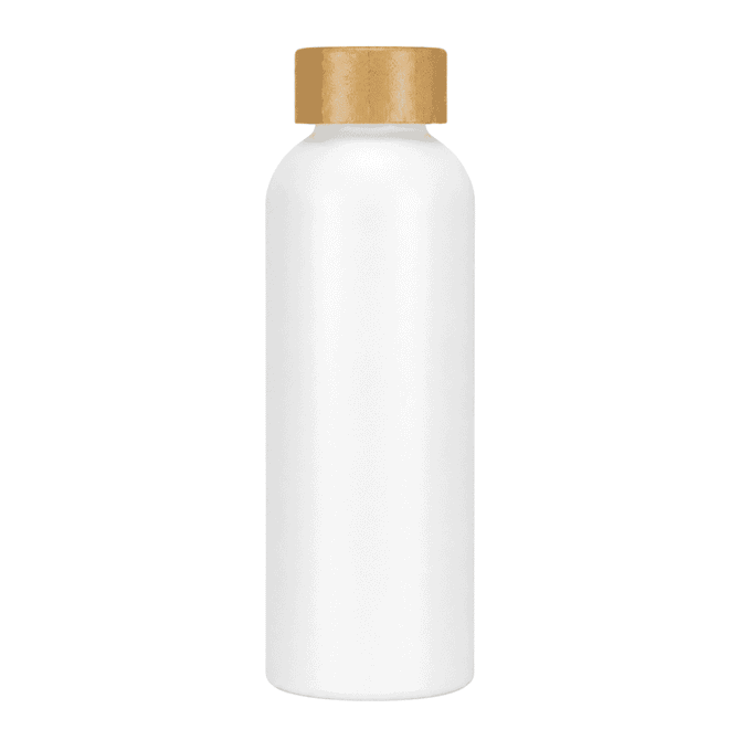 A drink bottle in white aluminium with a natural wooden screw cap and a small logo on the surface.