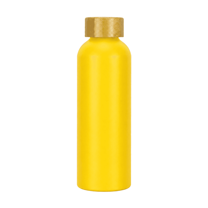 A drink bottle in vibrant yellow with a gold cap, featuring a logo on its surface.
