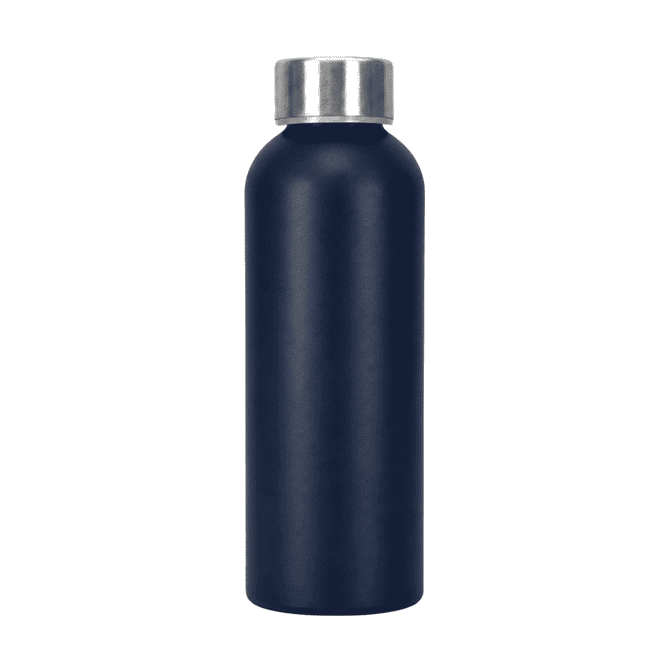 A drink bottle made of recycled aluminium in navy blue with a silver metal cap and a smooth finish.
