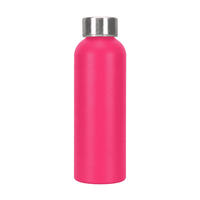 A drink bottle made of recycled aluminium, featuring a bright pink finish and a silver screw cap.
