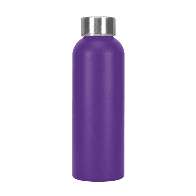 A drink bottle made of recycled aluminium, featuring a sleek purple design and a metallic silver cap.