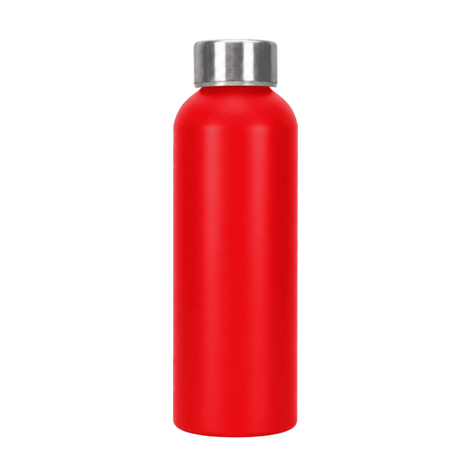 A drink bottle in bright red with a stainless steel cap, featuring a minimalist design.