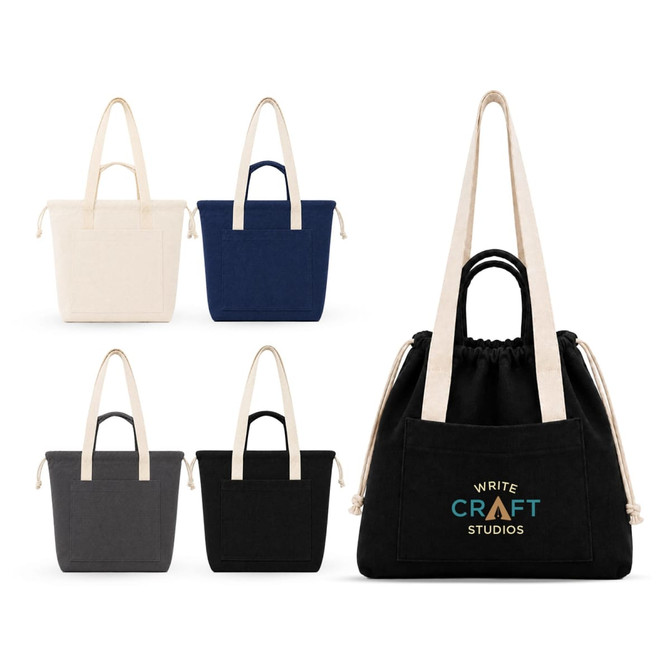 A collection of Darby Tote Bags in cream, navy, grey, and black, featuring long handles and a drawstring closure.