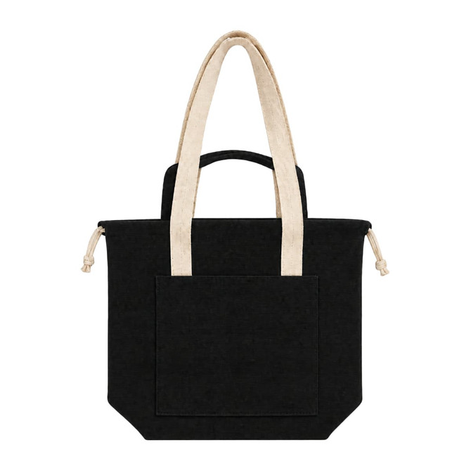 A black tote bag with beige handles and a front pocket, featuring a logo.