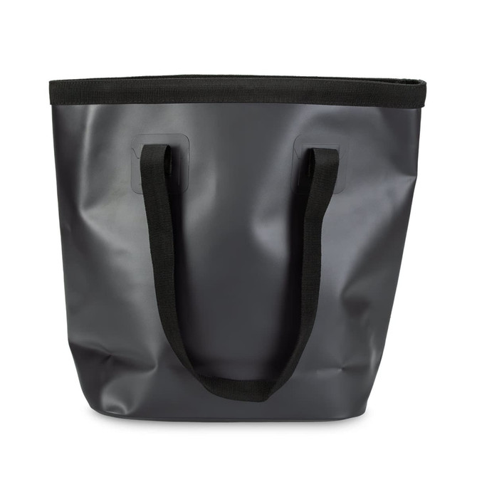 A black bucket bag with sturdy black handles and a waterproof design. It features a logo on the side.