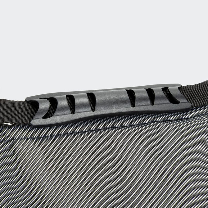 A black and grey cooler bag with a sturdy handle, featuring a textured fabric surface and a logo.