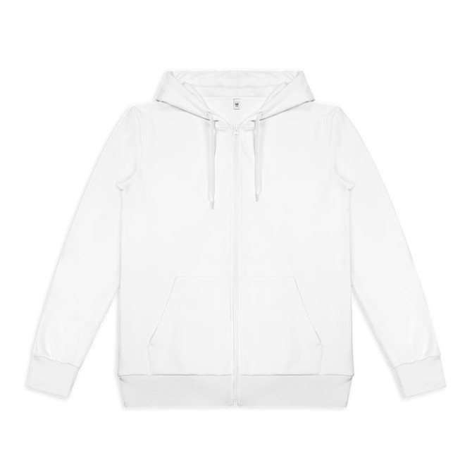 A white zipped hoodie with a hood, featuring front pockets and a logo on the label.
