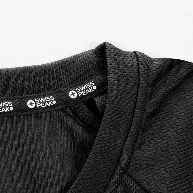 A black Swiss Peak Urban Unisex T-Shirt featuring a textured fabric and a branding label on the collar.