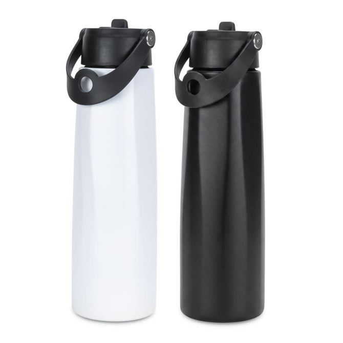 A drink bottle set featuring a white and a black 1L bottle, both with a secure lid and carry handle.