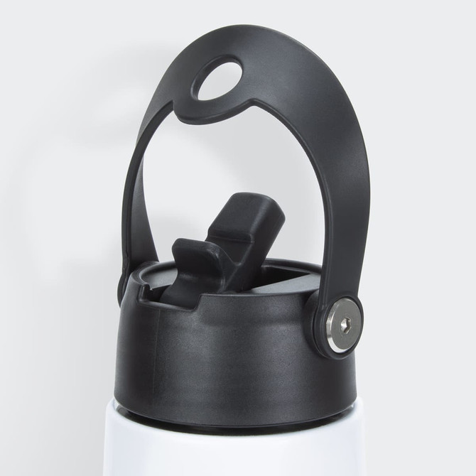 A drink bottle featuring a black lid and handle, with a sleek white body and a visible logo.