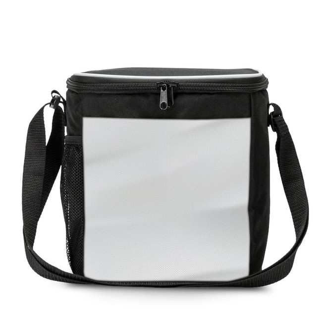 A black cooler bag with a zippered top, a shoulder strap, and a side mesh pocket. It features a plain white front panel.