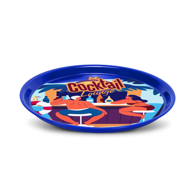 A blue serving tray featuring a vibrant graphic of a cocktail lounge with two characters and a logo.