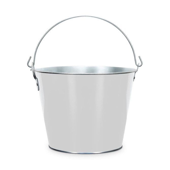 A white metal ice bucket with a silver handle and a shiny finish. It features a circular base and an open top.