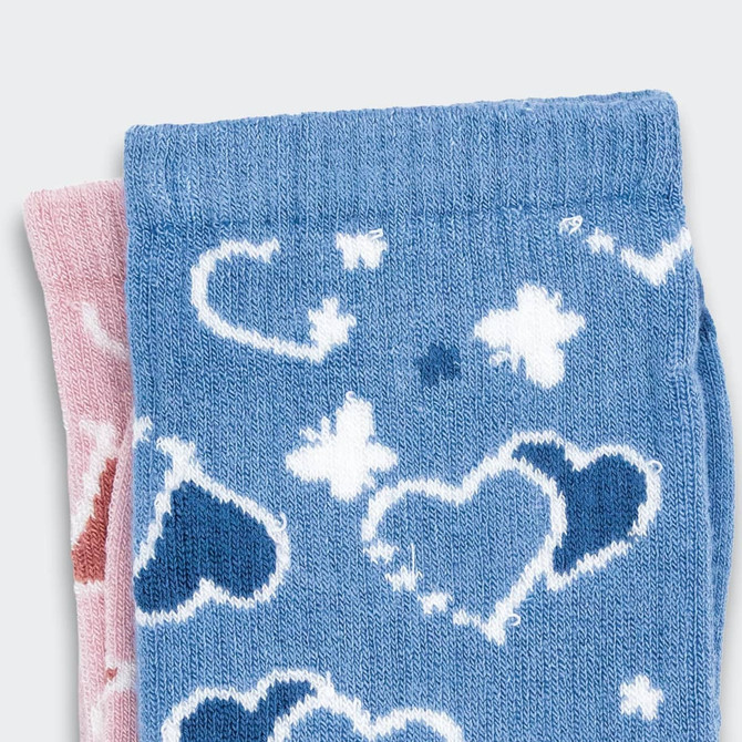 A set of two pairs of kids' socks in blue and pink, featuring heart and star patterns in white and navy.