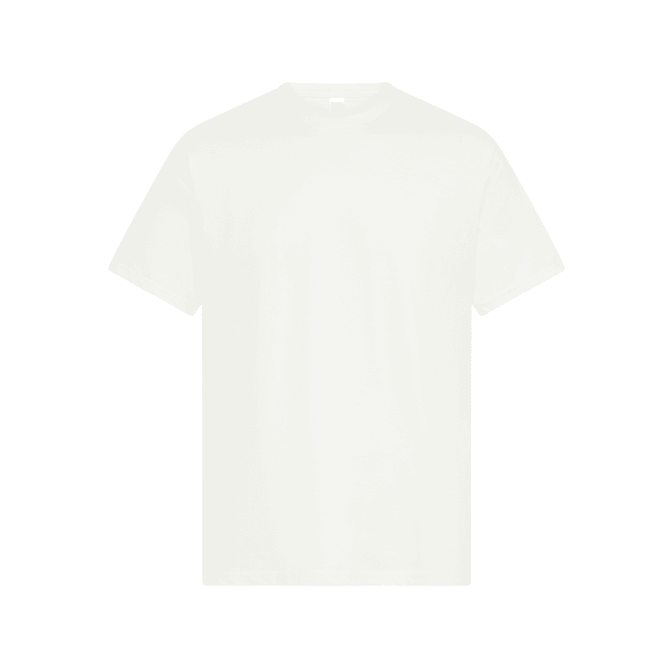 A plain white t-shirt with a crew neckline, featuring a small logo on the label.