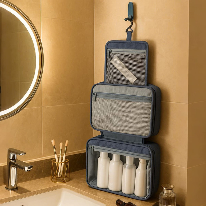A portable hanging travel toiletry bag in navy blue, featuring multiple compartments and white bottles inside.