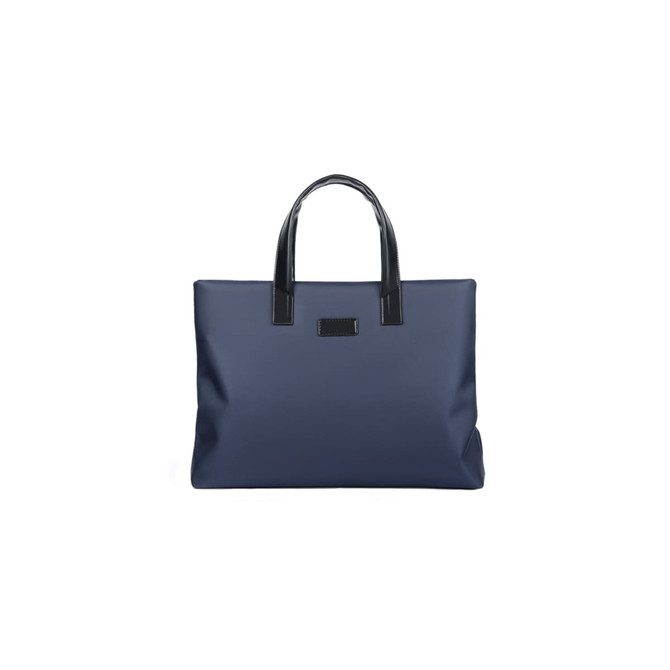 A nylon briefcase in navy blue with black handles and a simple logo.