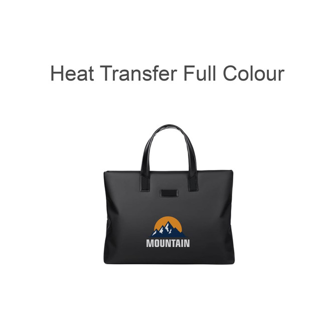 A nylon briefcase in black with two handles and a logo featuring mountains.