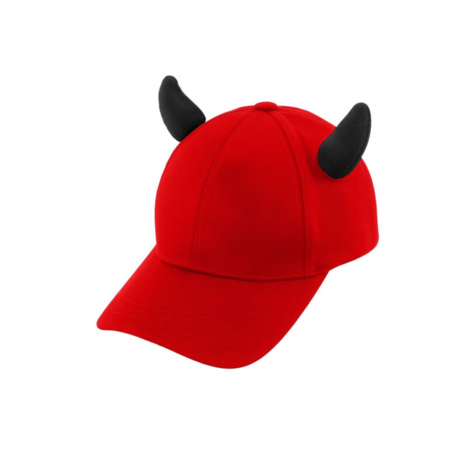 A red baseball cap featuring black devil horns, with a curved brim and a branded logo.