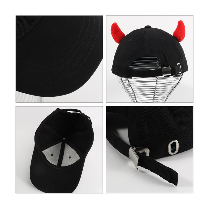A black baseball cap featuring red devil horns and a silver adjustable clasp at the back. It has a logo on the side.