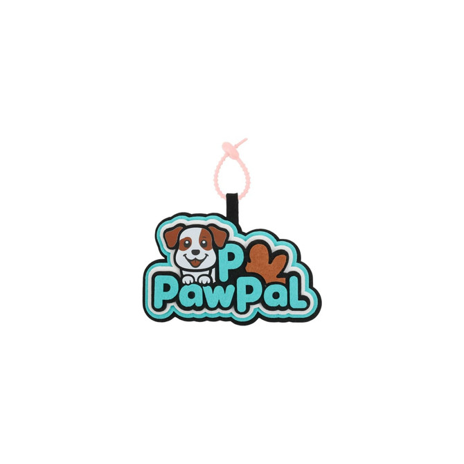 A custom felt hanging tag in black, turquoise, and brown featuring a dog graphic and the text "PawPal."