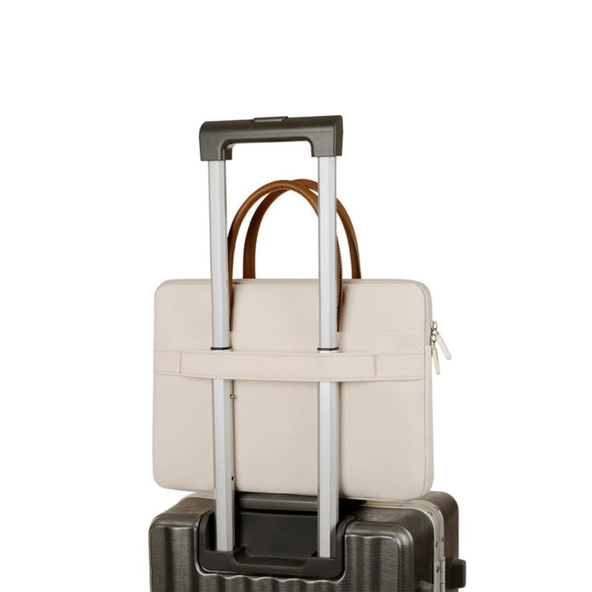 A cream PU handle laptop bag with a zippered outer pocket attached to a suitcase handle. The bag features a branding logo.