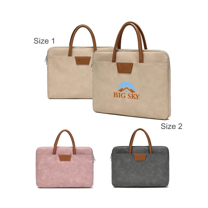 A suede PU leather laptop bag in beige, pink, and grey, featuring brown handles and a logo. Available in two sizes.