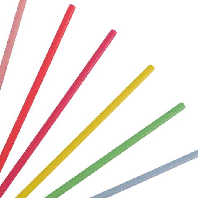 A collection of disposable 3-ply drinking paper straws in pink, red, yellow, green, and blue, arranged in a fan shape.