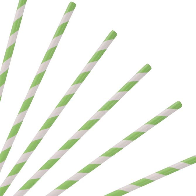 A group of green and white striped 3-ply disposable paper drinking straws with a smooth finish.