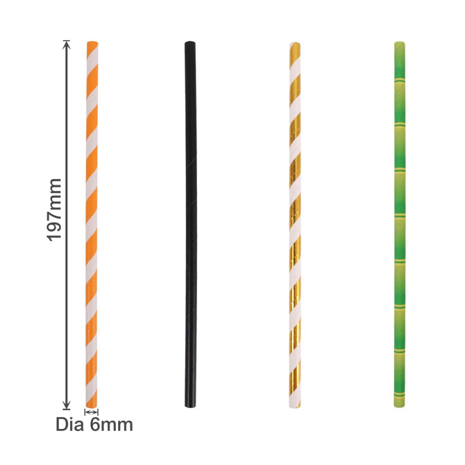 Four disposable 3-ply paper straws in orange and white, black, gold and white, and green stripes, each 197mm long.
