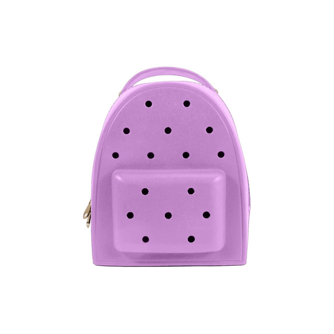 A purple EVA backpack with a smooth surface and multiple holes, featuring a front pocket and a top handle.