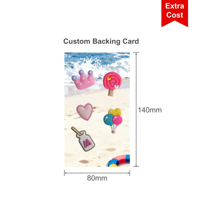 A custom backing card featuring illustrations of a crown, ice cream, heart, drink bottle, and balloons on a beach background.