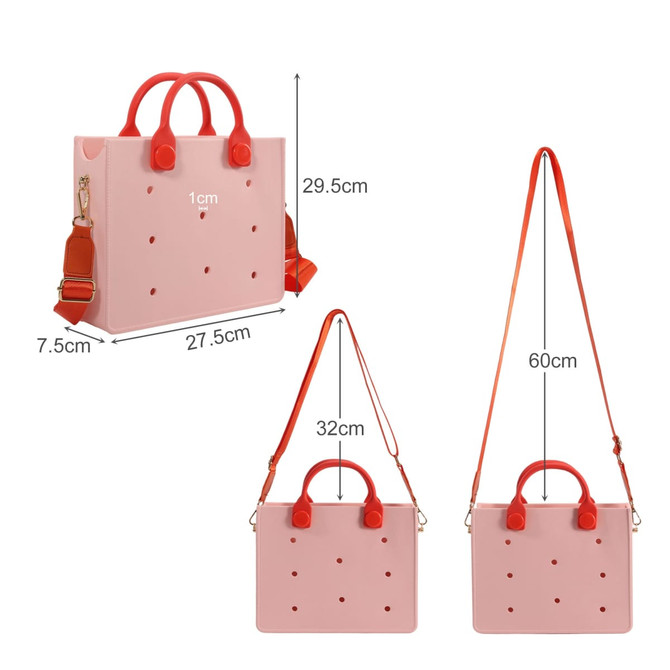 A pink EVA tote bag with red handles and an adjustable strap, featuring holes for added design.