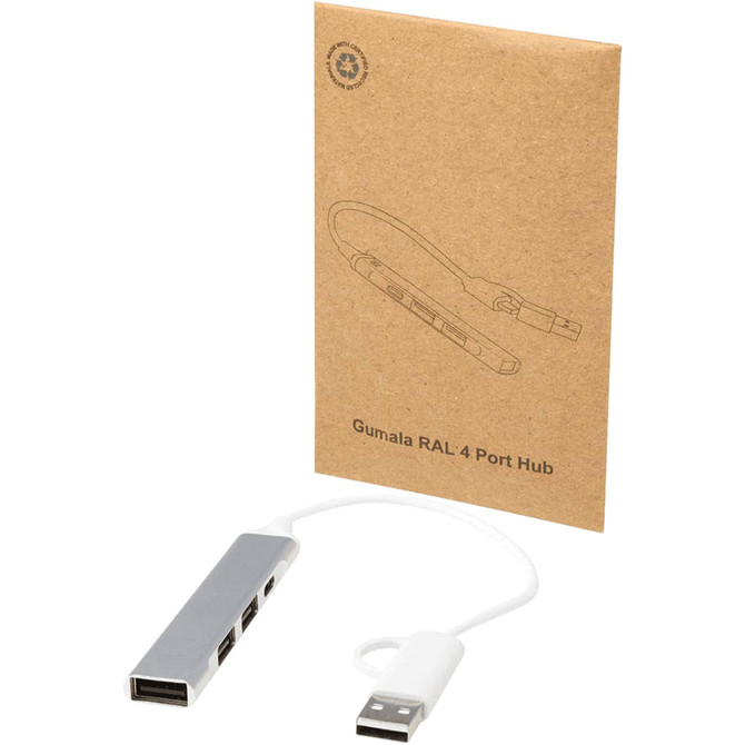 A silver 4-port USB-A and Type-C hub with a white connector, accompanied by a brown cardboard packaging.