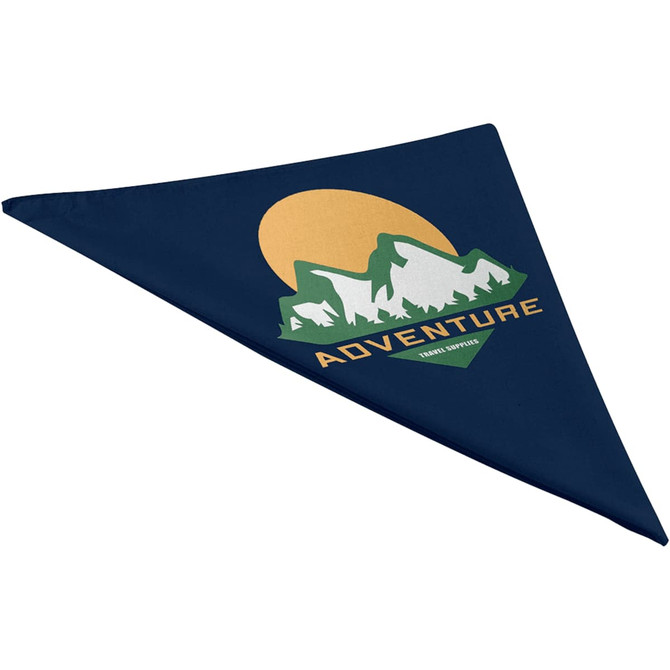 A navy bandana featuring a mountain design and sunrise, with a logo printed on one side.