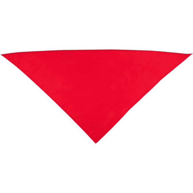 A red triangular bandana with a plain design, featuring a logo in one corner.
