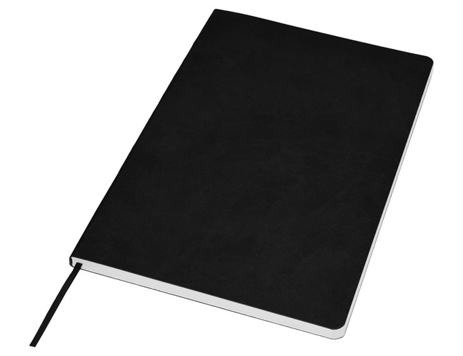 A black A5 notebook with a smooth texture, featuring a bookmark ribbon and a logo on the cover.
