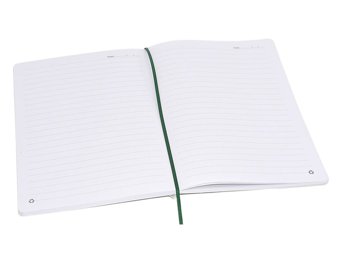 A blank A5 notebook with lined pages, featuring a green elastic closure. It has a simple design with no visible branding.