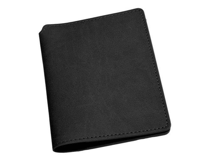 A black passport wallet with a textured surface and stitched edges, featuring a logo on the front.